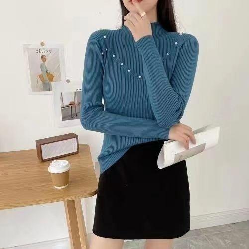 2026 Autumn Winter Women Mock Neck Pearl‑Decor Ribbed Knit Pullover Stylish Slim‑Fit Long‑Sleeve Inner Sweater Solid Top