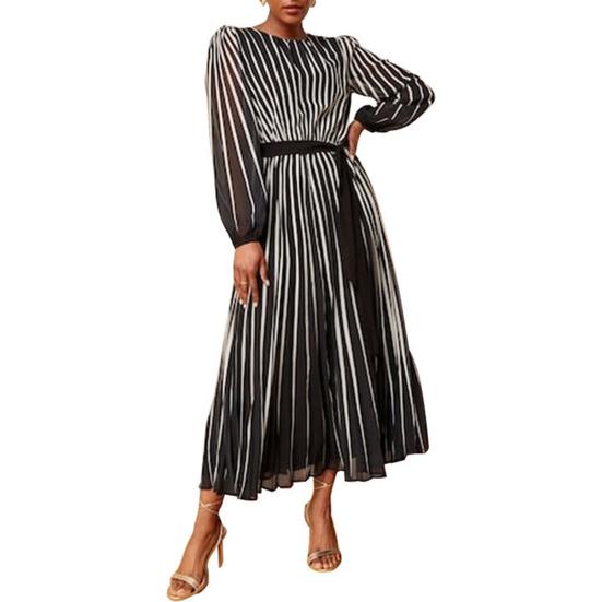 

Женское весенне-осеннее повседневное платье с круглым вырезом и длинным рукавом в горошек, платье-миди, струящееся платье трапециевидной формы, уличная одежда S чёрный