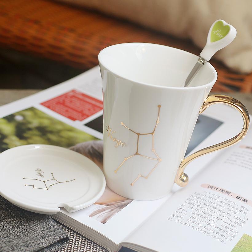 Tierkreiszeichen Keramiktassen-Set: Stilvolle Sternbild-Tasse für Zuhause, Paare, Kaffee und Tee, komplett mit Deckel und Löffel.