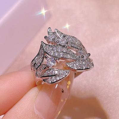 Copper New Creative White Zircon Diamond Leaf Ring Ladies Party Birthday Jewelry Gift