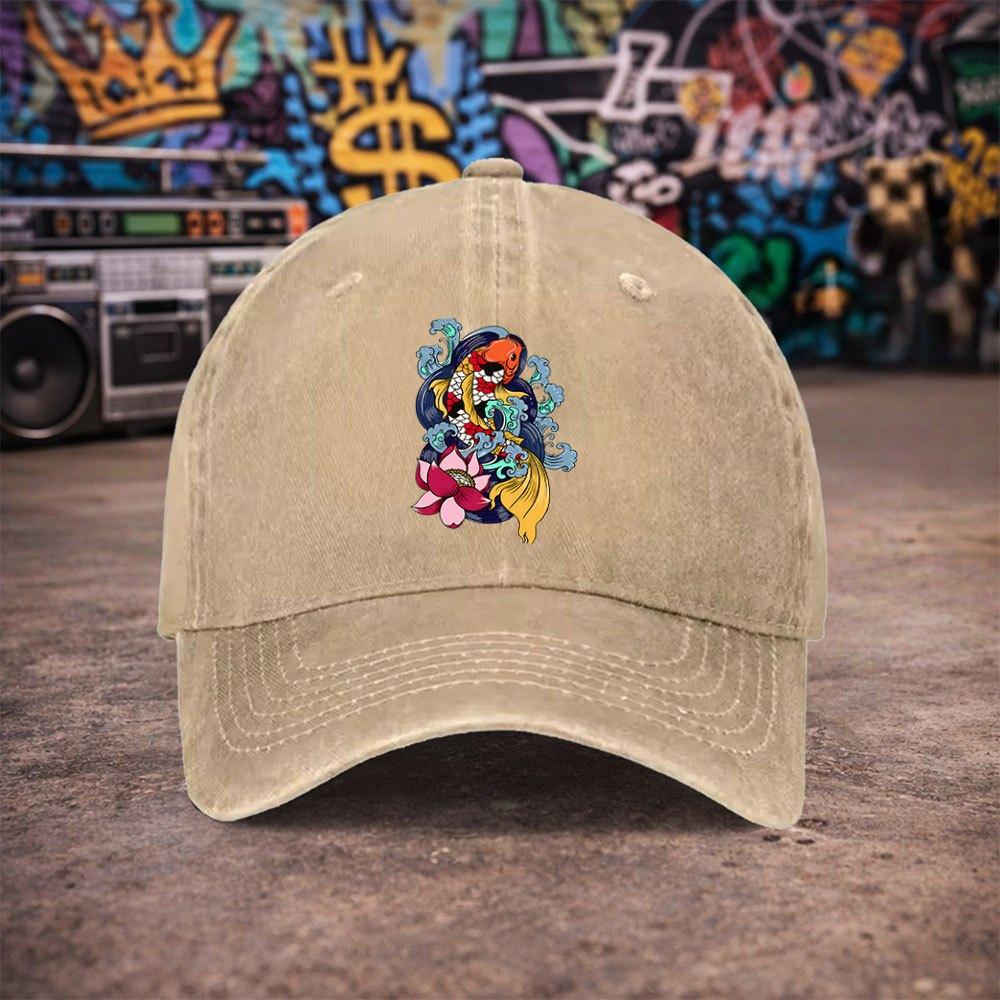 Pc Unisex And Wind Koi Lotus Vintage Washed Baseball Cap  UnisexS Trendy Hat  Versatile Duckbill Cap  Fun Print  Unique Birth