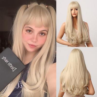 Long Natural Wavy Platinum Blonde Wigs with Bangs Cosplay Party Lolita Synthetic Wigs for Women Heat Resistant Fiber