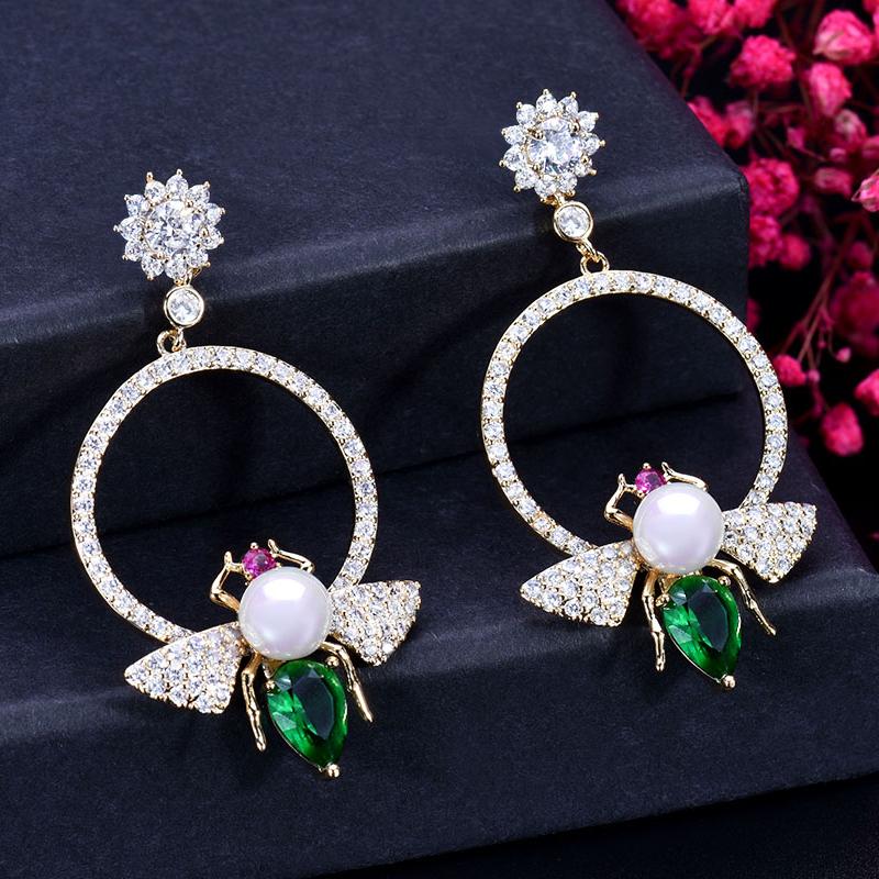 CMM Unique Bee Shape Circle Green Cubic Zirconia Drop Earrings