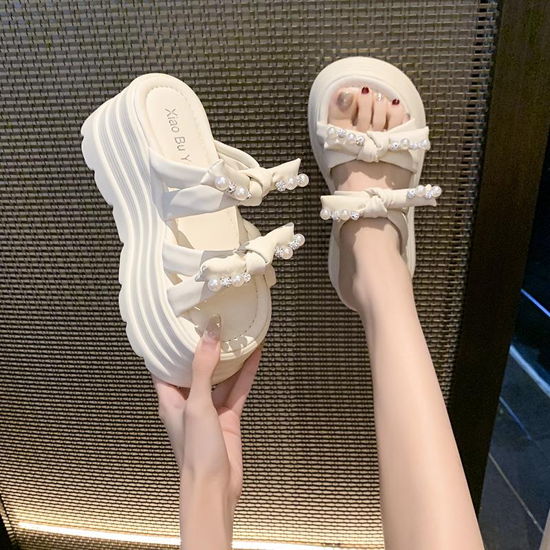 

NEW 8CM Heels Wedge Slides Sandals Women Casual Outdoor Slippers Female Summer Non Slip Beach Slipper Walking Chunky Shoes Woman 34 бежевий