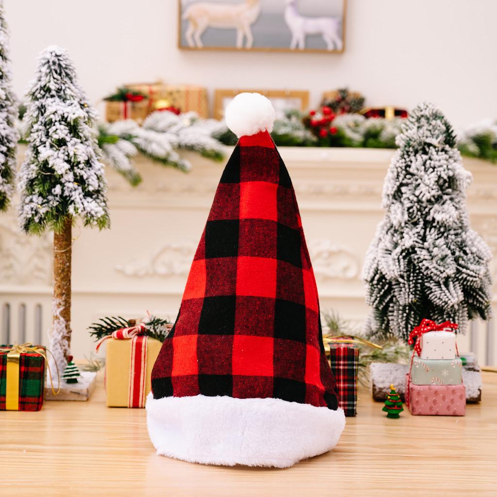 

Red Cozy And Black Plaid Christmas Hat With Soft White Fur Pom Poms For Cheer Festive