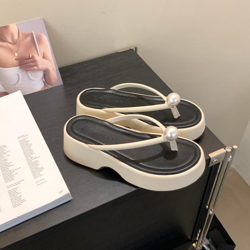 Fashion Women's Fashion Platform Slippers Summer New Round Head Toe Pearl Soft Sole Anti-slip Wear-resistant Flip-flops