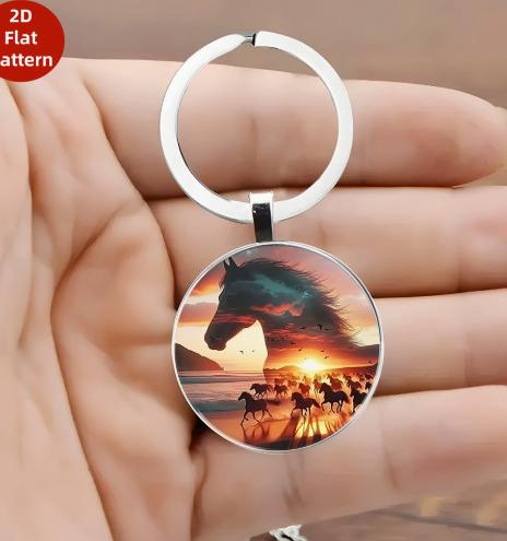 Round Pendant Keychain with a Running Horse Design