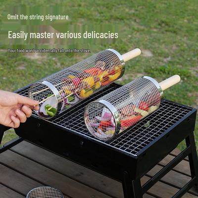 Portable Stainless Steel BBQ Basket with Wooden Handle – Round Outdoor Grilling Cage