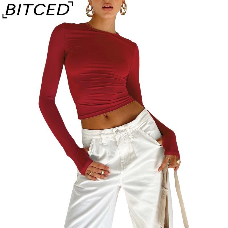 BITCED Женская весенне-осенняя футболка однотонная с круглым вырезом базовая облегающая с длинным рукавом S