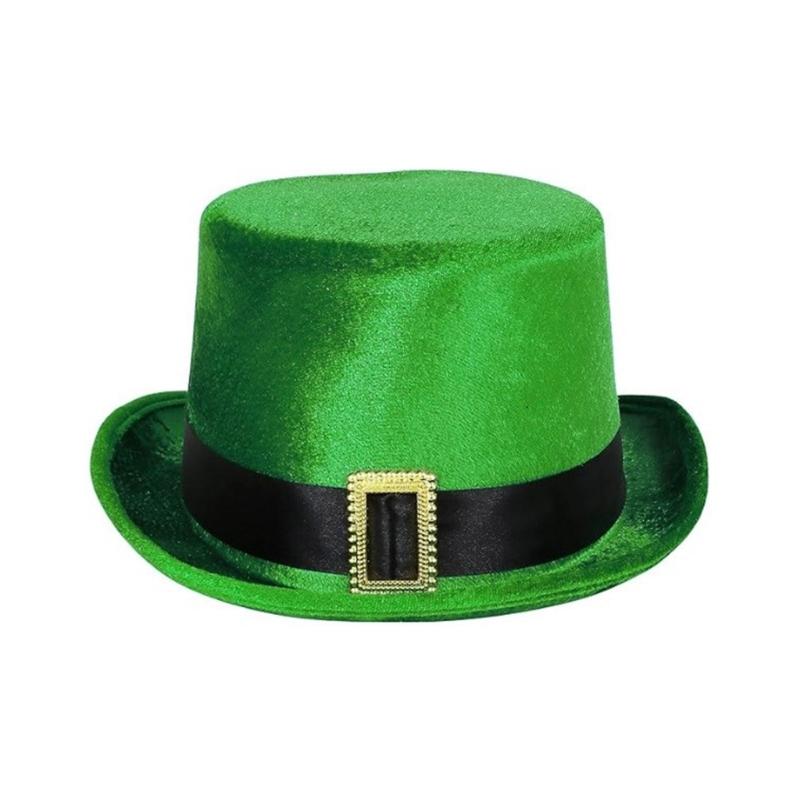StPatrick Day Green Hat with Gold Buckle Roll Brims Tall Hat Irish National Day Celebration Party Hat Festival Accessory