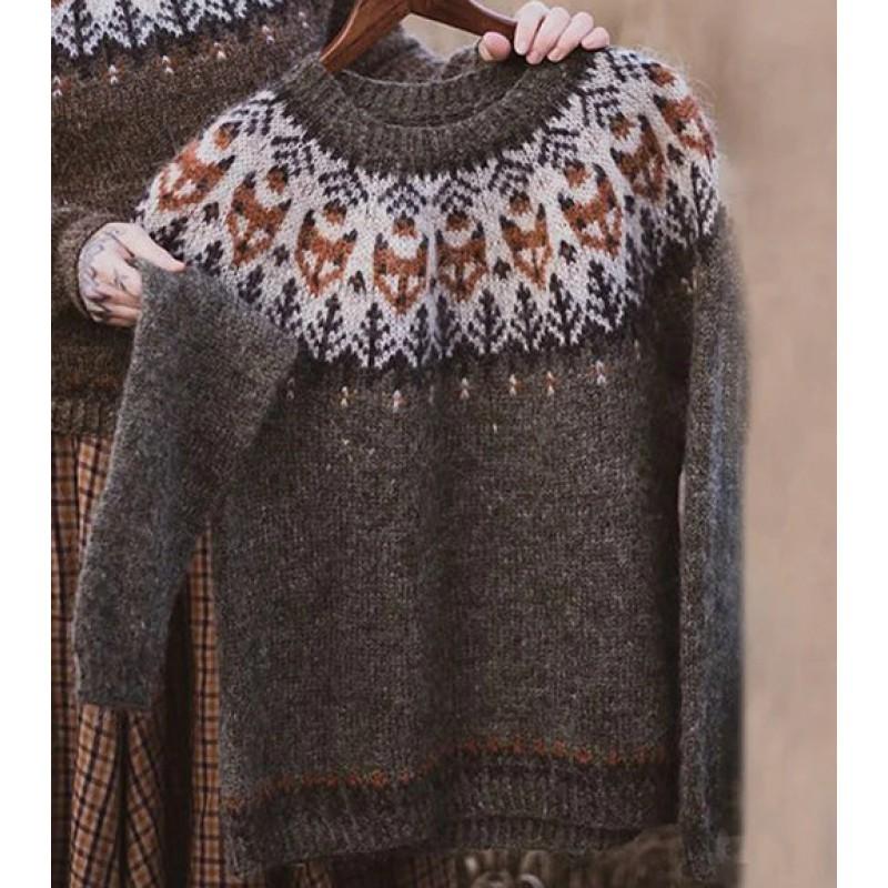 Womens Round Neck Colorblock Loose Knit Sweater Street Style Casual Pullover With Geometric