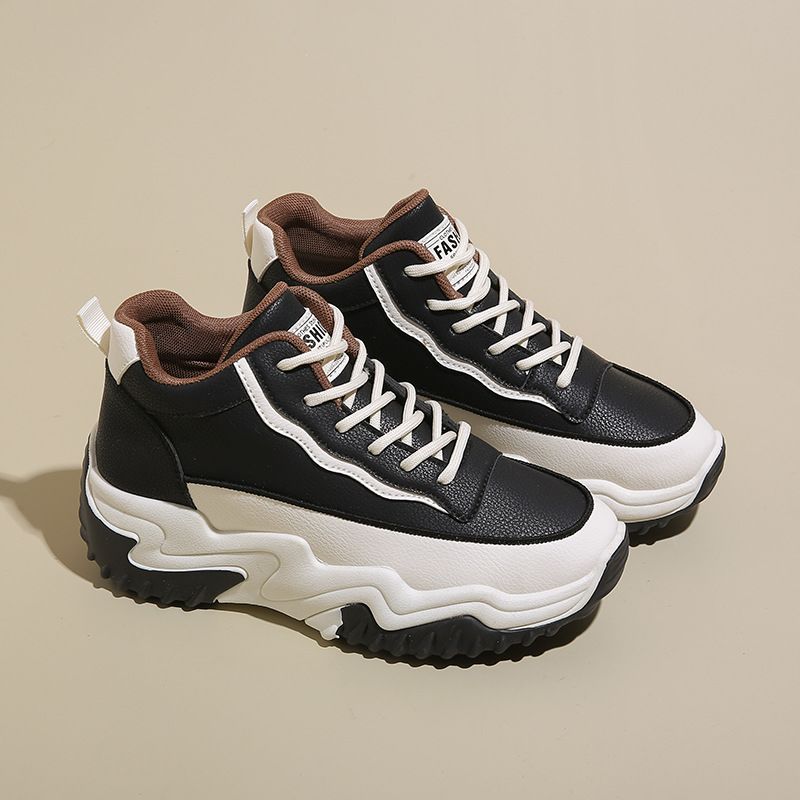 Autumn Women's High Top Lace Up Shoes Korean Style Thick Sole Height Increase Versatile Chunky Sneakers for Sports Casual