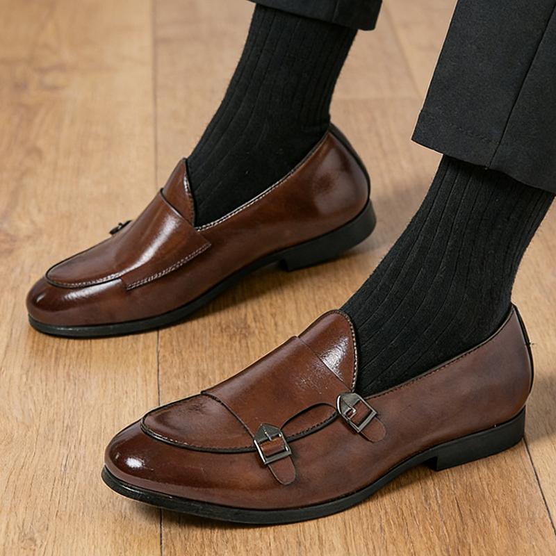 Fashion Black Brown Monk Strap Patent Leather Shoes For Men New Black Brown Loafers Business Wedding Formal Dress Footwear