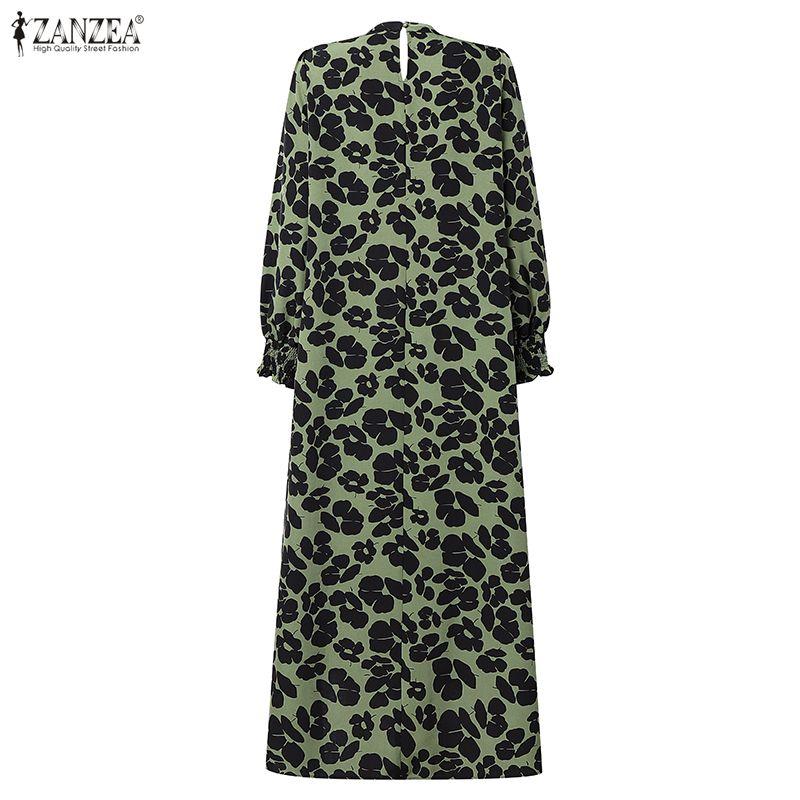 ZANZEA Damen Lässig Rundhals Locker Langarm Print Langes Kleid