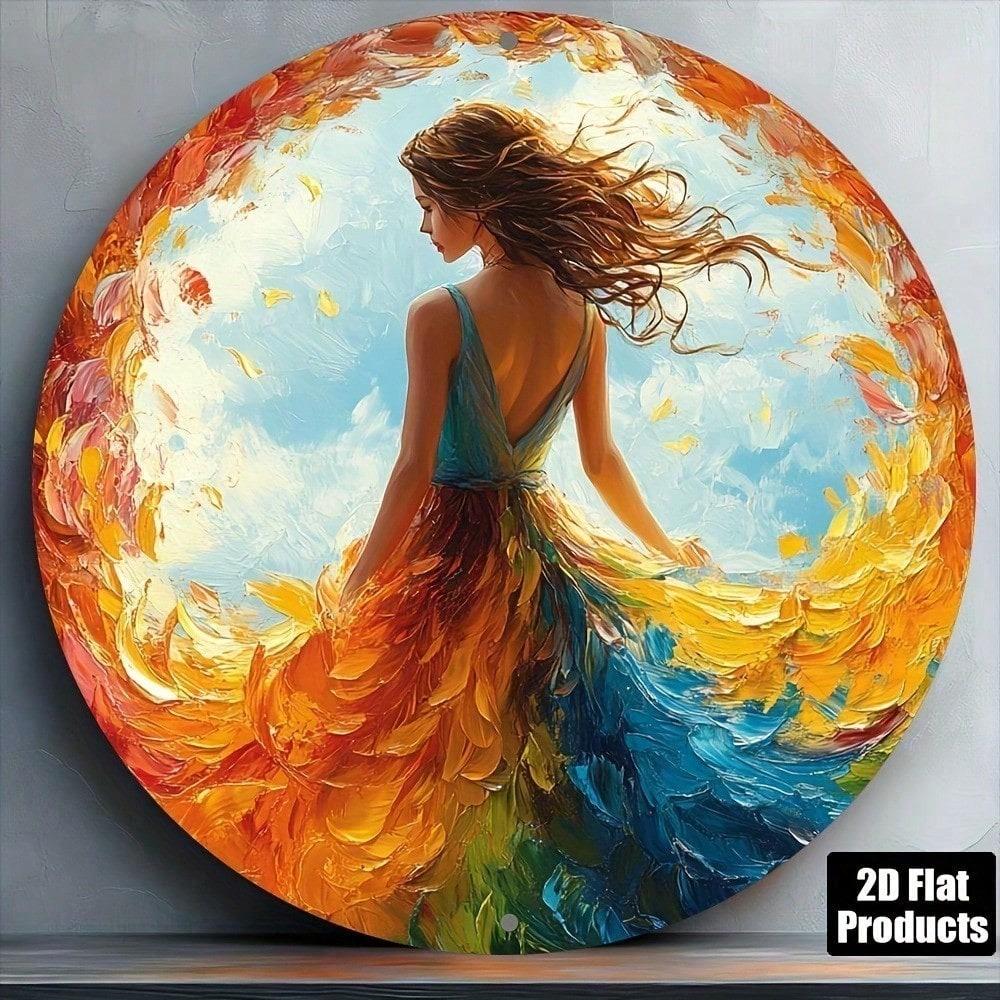Elegant Fairy Bride Round Metal Wall Art 8x8 Inch Floral Butterfly Tin Sign Home Decor