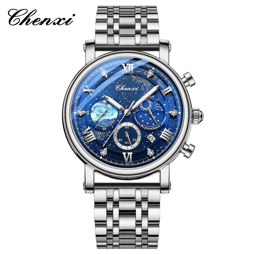 Dawn Sun Moon Stars Multifunctional Men's Quartz Watch with Luminous Moon Phase Chronograph