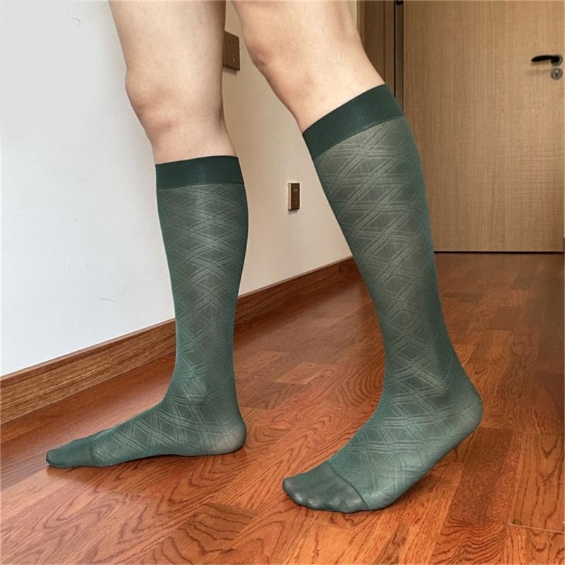 Men's Breathable Nylon Thin Dress Socks with Argyle Pattern Design Middle Calf Business Formal Socks Hosiery Gift