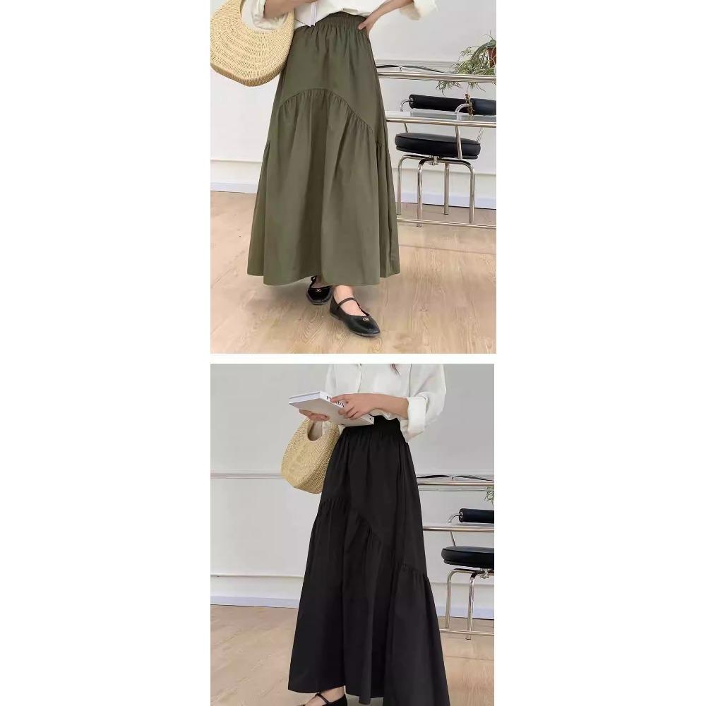 Damen Schick Einfach Plissiert Patchwork Elastischer Bund A-Linien Midilanger Rock