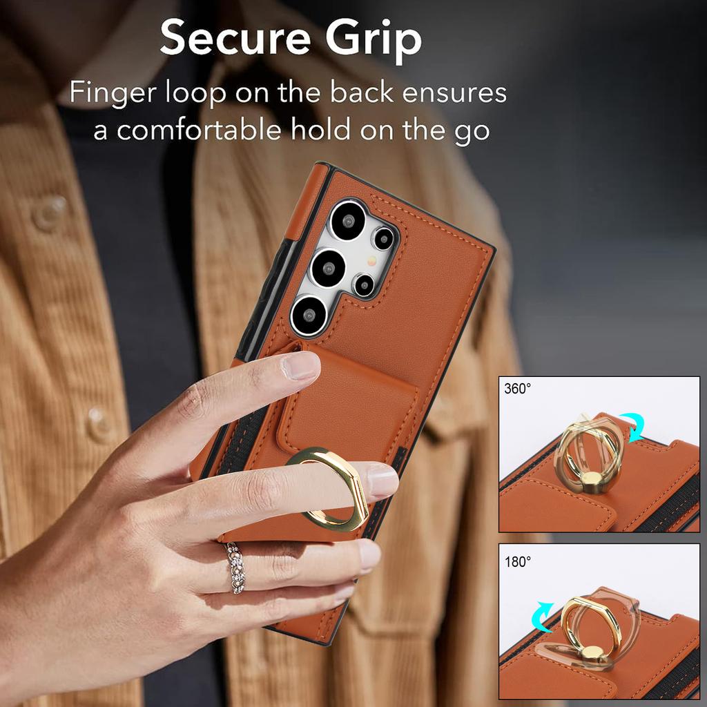 For Samsung Galaxy S24 Ultra Case with Ring Kickstand Leather Coated TPU Phone Cover