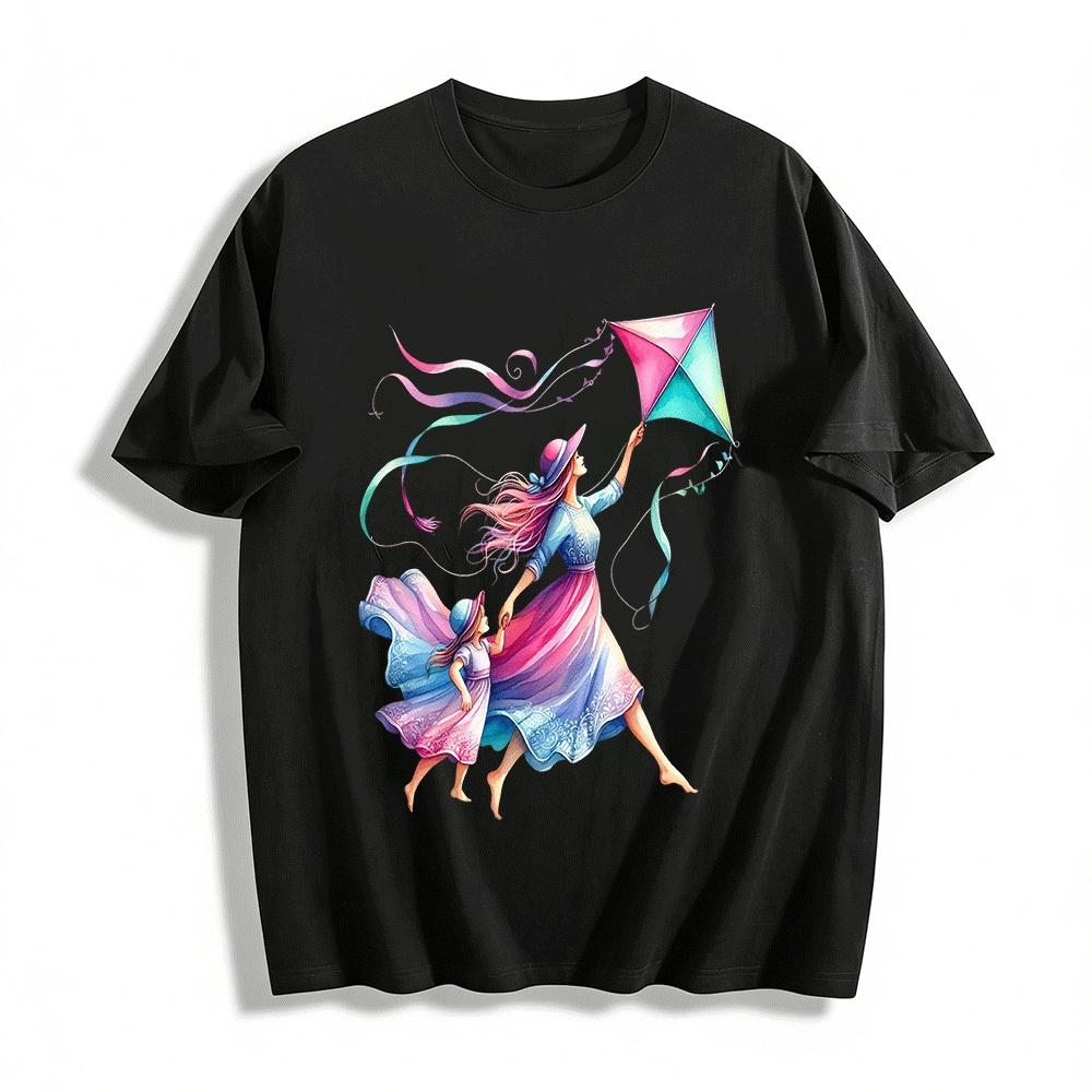 Watercolor Mother Daughter Kite Flying Print Casual Top Pure cotton T-shirt XXS