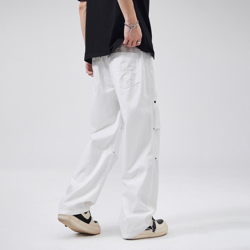 Overalls men's pants summer thin trendy American pleated design drawstring loose casual pants cotton