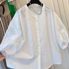 Haut Babydoll Blanc en Coton avec Inserts en Dentelle pour Femme Grande Taille, Col Rond, Manches Sept-Quarts, Été 2025