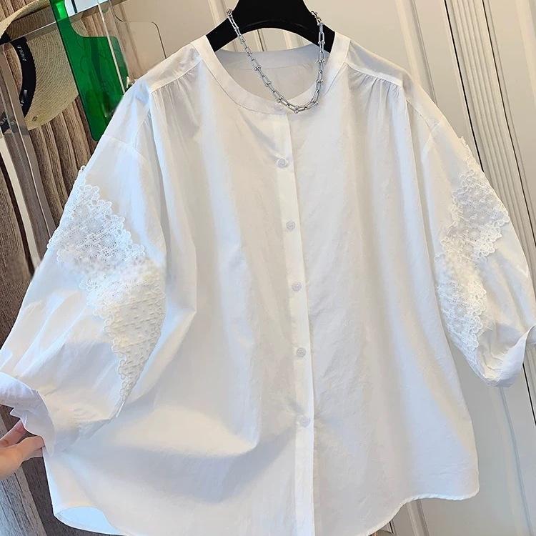 Haut Babydoll Blanc en Coton avec Inserts en Dentelle pour Femme Grande Taille, Col Rond, Manches Sept-Quarts, Été 2025