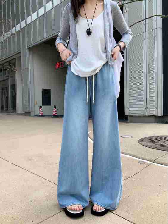 

Blue Micro Flare Supermodel Wide Leg Casual Jeans - Floor Length, Elastic Waist, Spring/Summer Styles M (105-120 lbs, length 101cm) светло-синий
