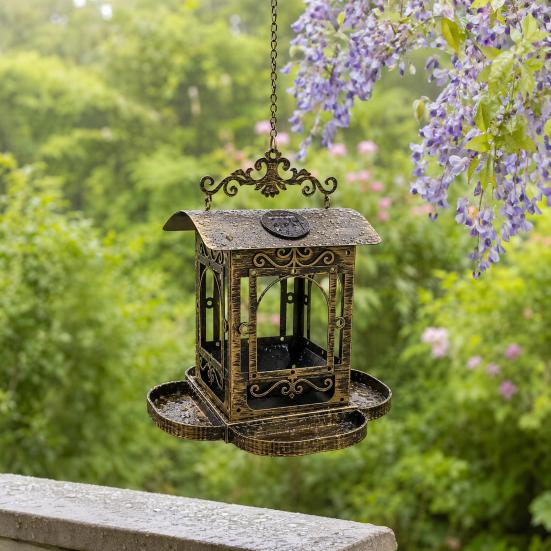 Solar Bird Feeder for Outdoors Hanging, Retro Carriage Shaped Metal Wild Bird Feeders, Solar Powered Garden Lantern for Patio, Yard, Gifts for Bird