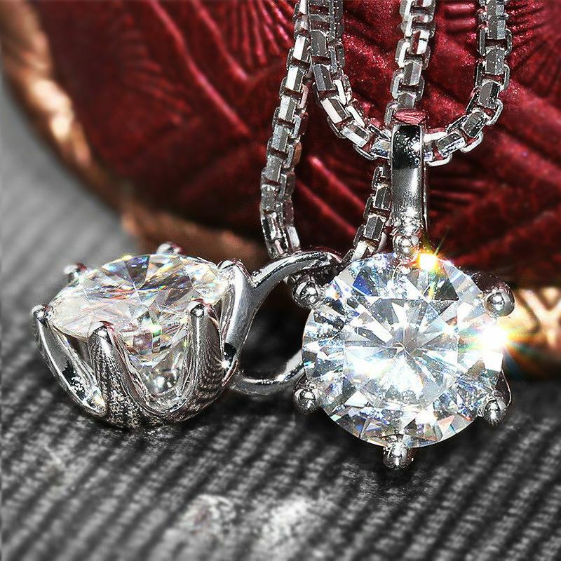 Silver Plated 6-Prong Round CZ Solitaire Pendant Necklace, Classic Brilliant Cut Box Chain Necklace for Women
