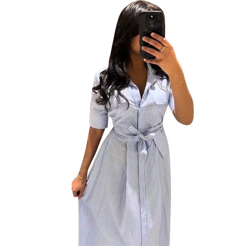 Women's Collar Tied Striped Dress for Daily Wear Blue Striped Fresh Style Summer New Temperament Style Belt Decoration Women's Leisure Dress
