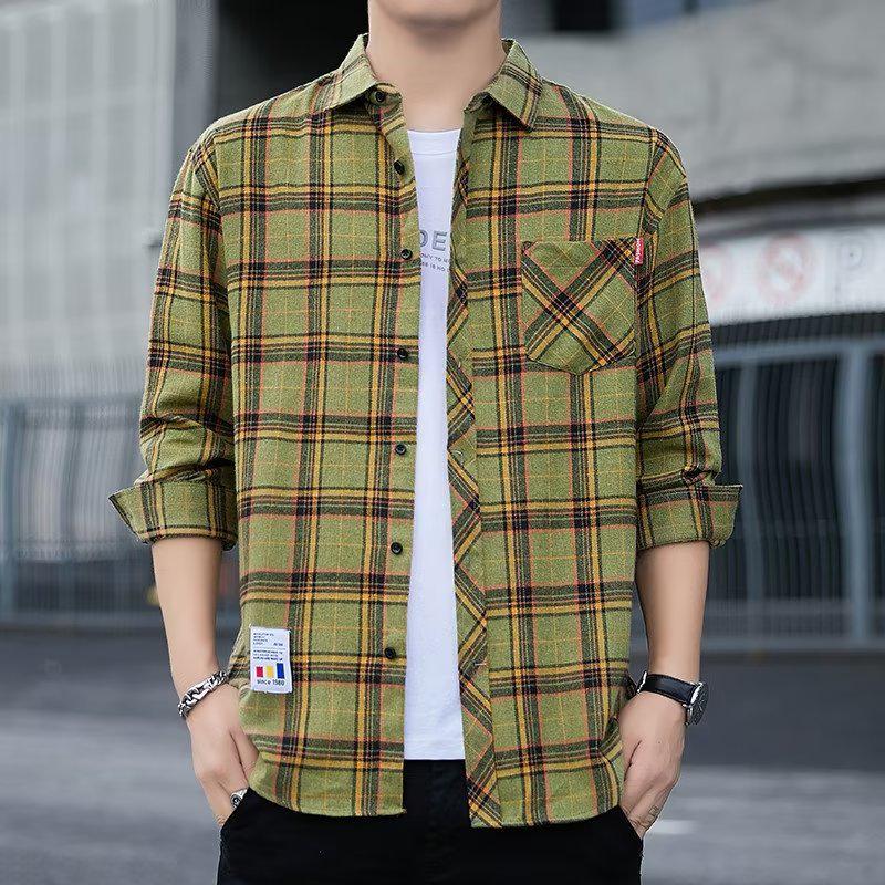 Herrskjorta i Hong Kong-stil med lång ärm och rutigt mönster - Casual vår/höst trendig lös passform jacka