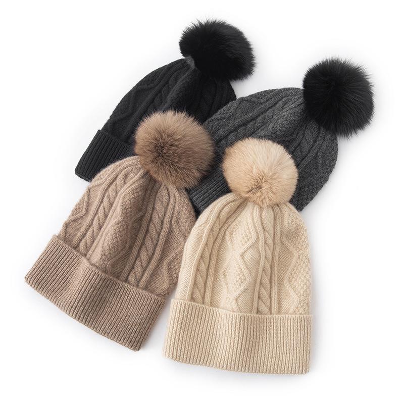 Women's 100% Pure Cashmere Pom-Pom Cable Knit Hat - Stylish, Warm, Versatile, Solid Color