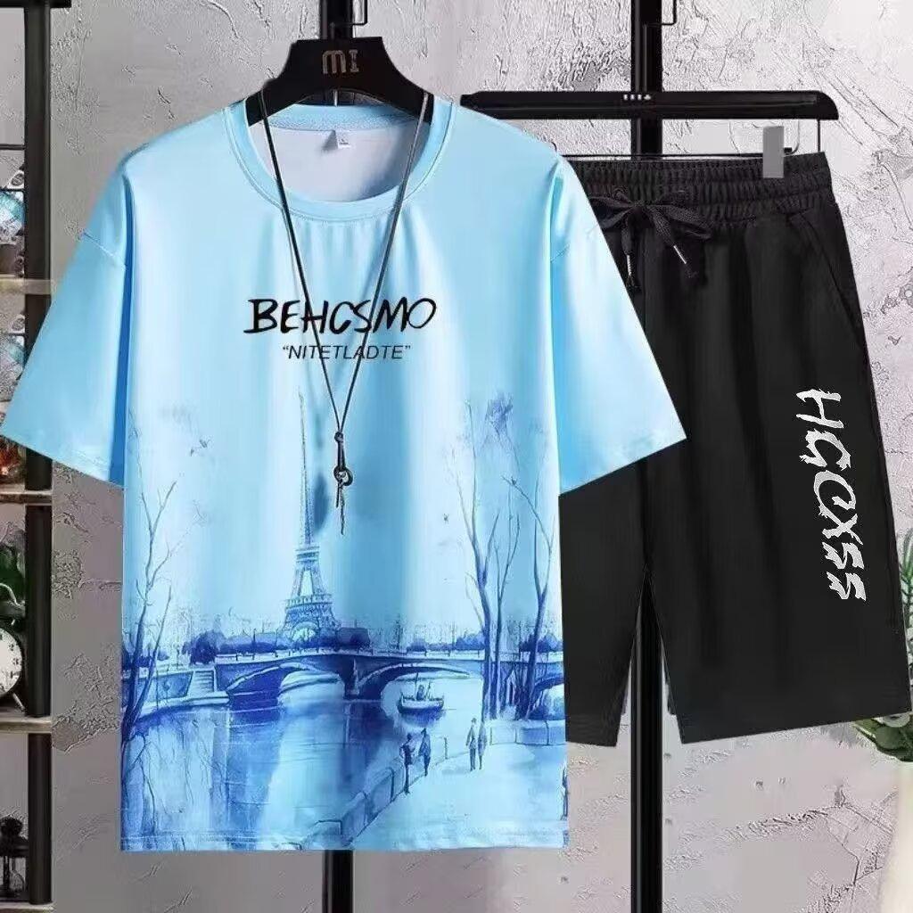 Korean Style Men's Summer Sportswear Set: Short Sleeve T-shirt & Basketball Jersey Casual Shorts - Trendy Fashion Brand