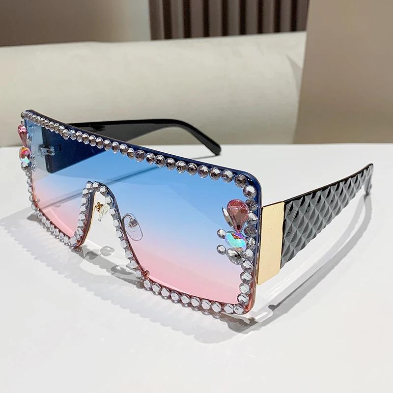 Large Frame Diamond-Set Sunglasses Women'S Anti-Ultraviolet Glasses One-Piece Sunglasses Rhinestone Glasses 90165-1