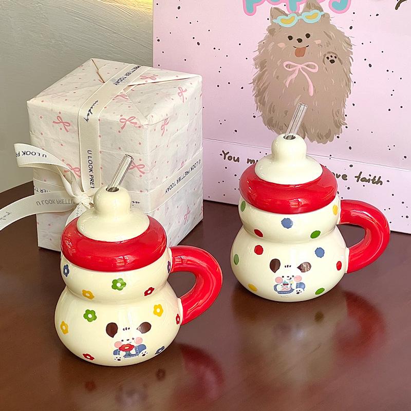 Creative straw cup cute couple ceramic mug birthday gift girl gift box