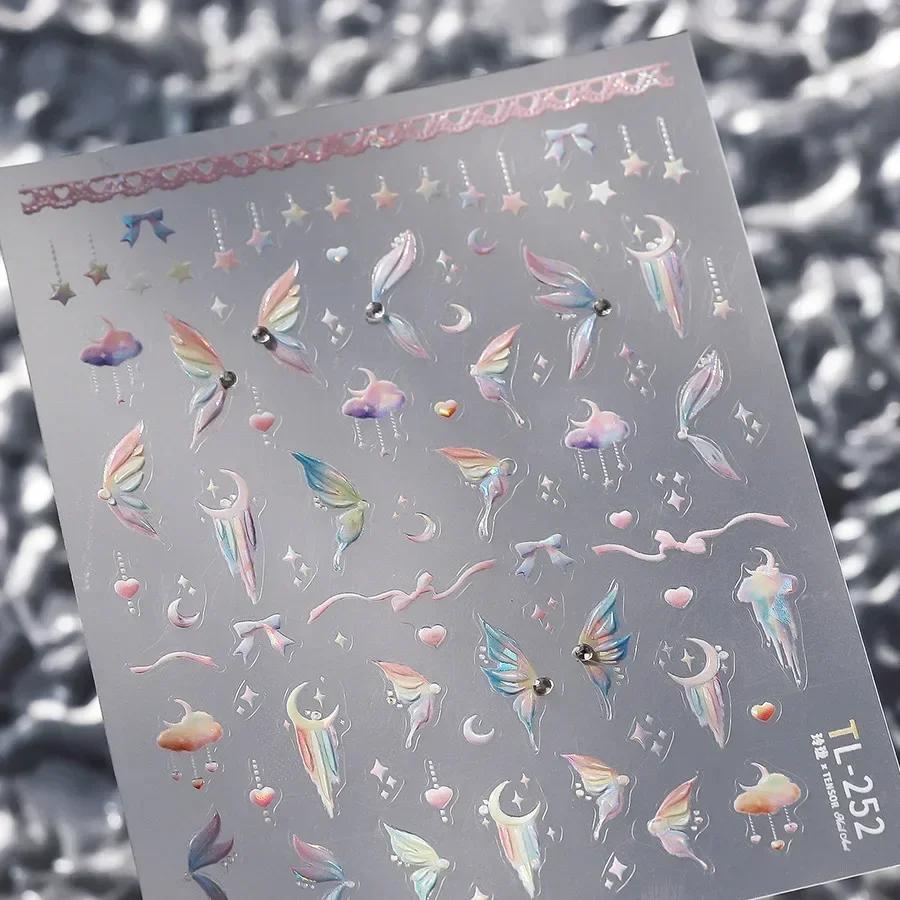 Gradient White Pink Butterfly Flower Shiny Stars Chic Spring Petal 5D Soft Adhesive Nail Art Stickers Decorations Manicure Decal