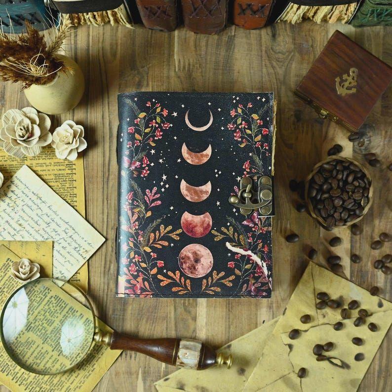 Moon Phase, Large Grimoire Leather Journal Notebook, Blank spell book of shadows, Leather Sketchbook, Christmas Gifts For Him Her