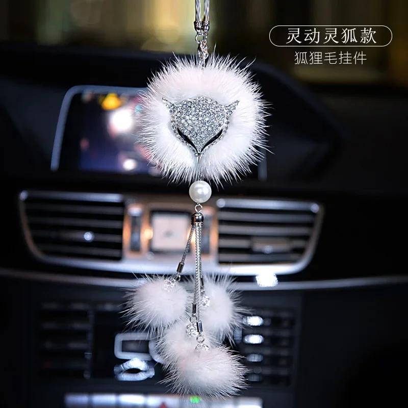 

Автомобильная подвеска из меха лисы с кристаллами и бриллиантами, высококачественная женская подвеска-зеркало для салона автомобиля, аксессуары для декора интерьера