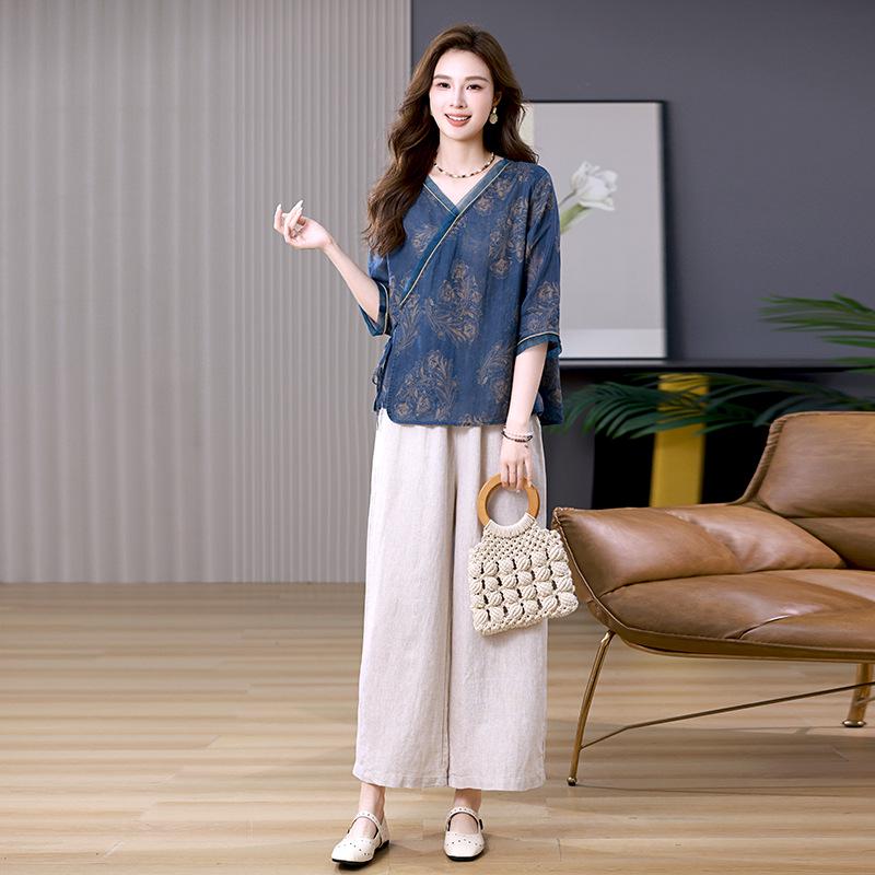 Women's 2025 Summer Ramie Suit: Retro Two-Piece Set with Wide-Leg Pants and Top