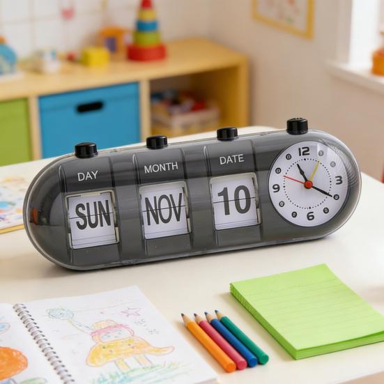 Perpetual Desk Calendar with Clock Vintage Manual Flip Calendar Digital Alarm Clock with Day Month Date Display for Home Office Desk Shelf Decor