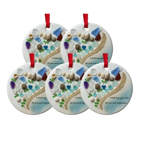 Wishing You Lots of Love And Happiness Sea Glass Ornament Handcrafted Round/Heart-Shaped Sea Glass Keepsake Christmas Tree Hanging Ornament