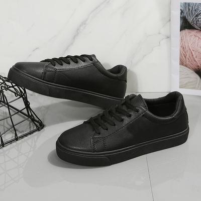 Black Sneakers Women's Korean Trendy Lace Up Full Matching PU Casual Comfortable Walking Board Shoes Women Sneakers 2024