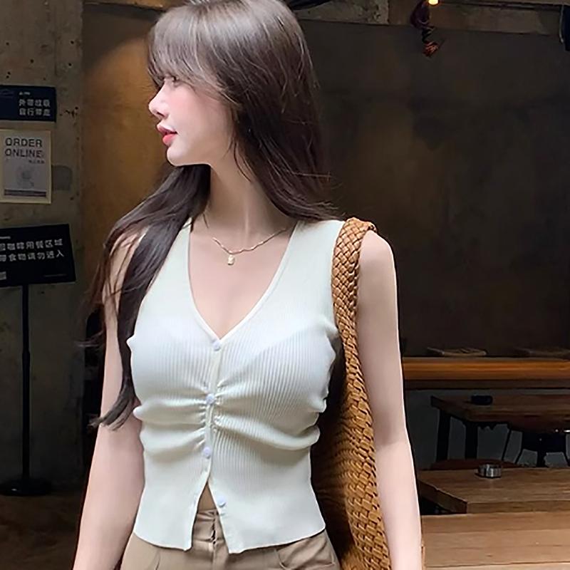 

Летний шикарный трикотажный жилет с V-образным вырезом для женщин, однотонный, без рукавов, тонкий, без бретелек белый