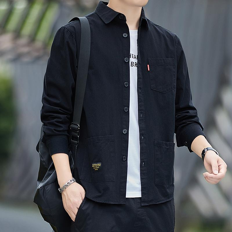 Men's Spring Autumn Long Sve Work irt Wear Resistant Large Size Simple American Sle Loose Fit Youth Faion Pure Color