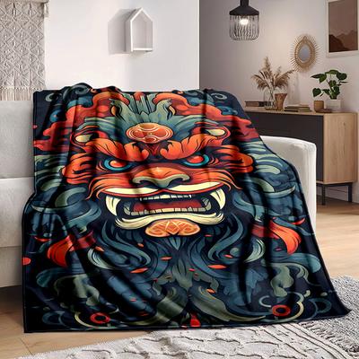 1pc Mask Taotie Print Blanket Lightweight Flannel Throw Blanket For Sofa, Bed, Living Room, Office, Outdoor Travel, Camping