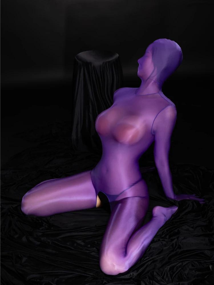Sexy Donna Cosplay Cameriera Body Brillante Lucido Tuta Intera Modellante Body Coprente Completo Collant Elastici Trasparenti Gioco Sessuale Ootd
