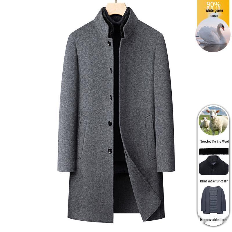 Men's Single-Breasted Stand-Collar Wool Gabardine Trench Coat - Business Casual Long Jacket