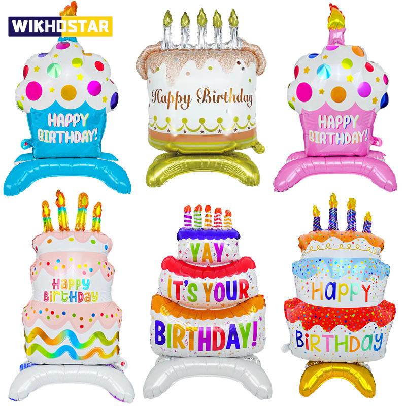 Birthday Cake Balloon with Base Standing Foil Balloon Cute Cake Balloon Kids Boy Girl Birthday Party Decor Supplies Baby Shower