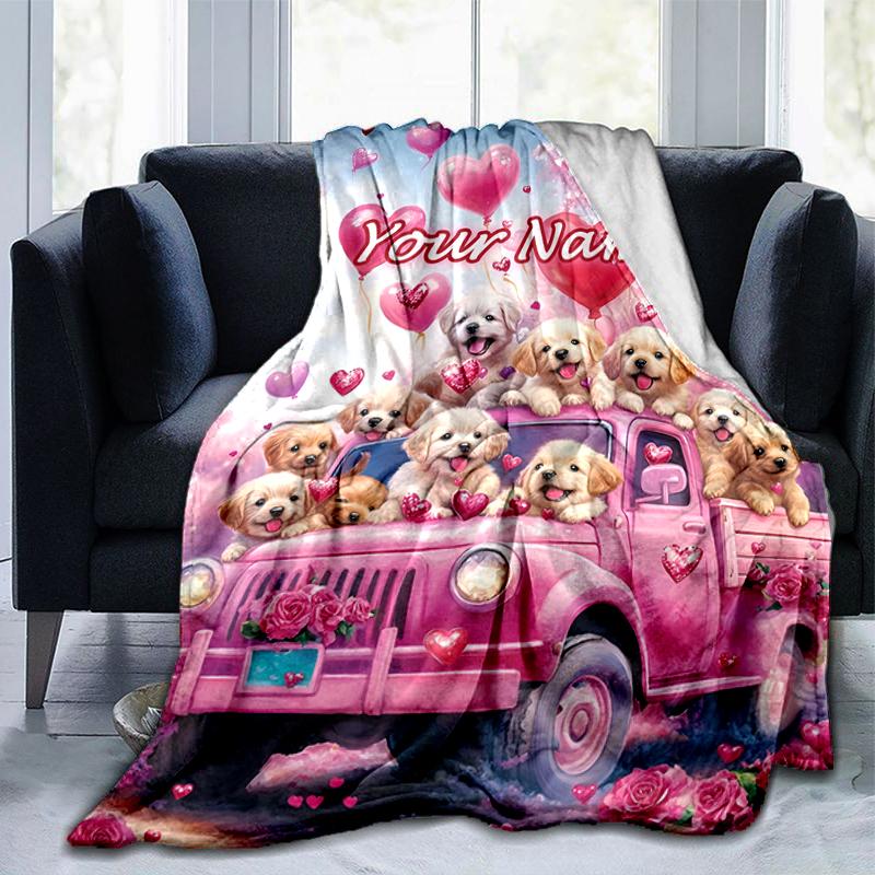 1PC Custom Name Pink Truck Puppies Love flannel blanket versatile,all-season throw suitable for the living room,bedroom,camping,travel,and gift